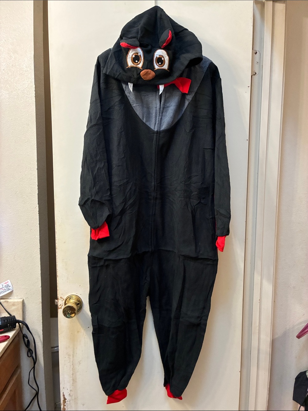 Black Bat Adult Onesie Costume with Red Accents - Hooded Halloween Suit